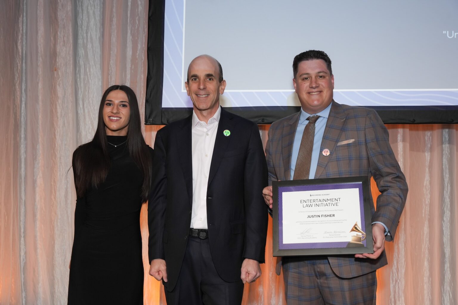 LOS ANGELES, CALIFORNIA - JANUARY 30: Melanie Sallis, Bobby Rosenbloum and Justin Fisher during the 68th GRAMMY Awards - 28th Annual Entertainment Law Initiative Luncheon on January 30, 2026 in Los Angeles, California. (Photo by Gonzalo Marroquin/Getty Images for The Recording Academy)