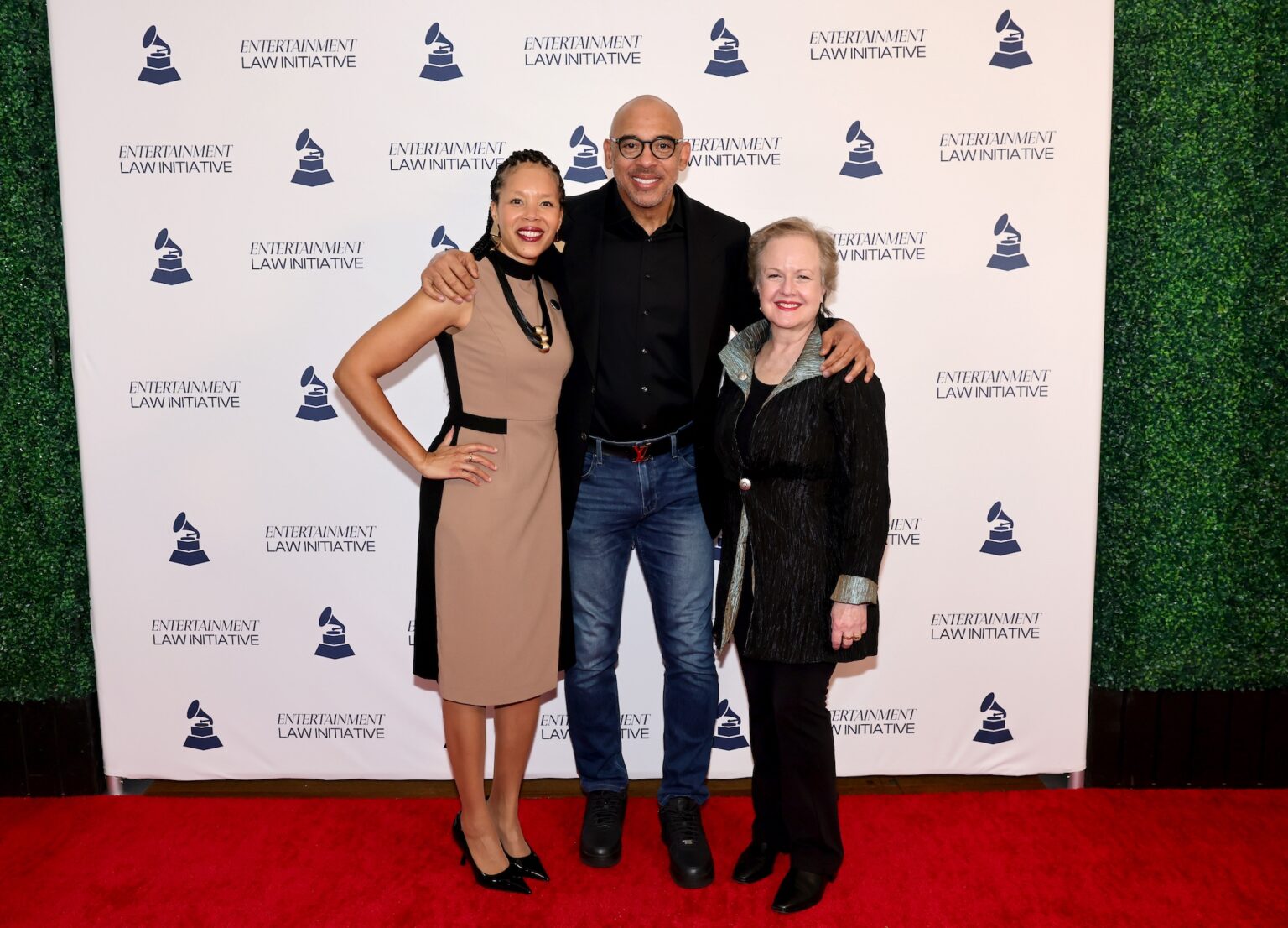 LOS ANGELES, CALIFORNIA - JANUARY 30: (L-R) Kelley Purcell, Harvey Mason jr., CEO, the Recording Academy and Ruby Marchand, Chief Awards & Industry Officer, The Recording Academy, attend the 28th Annual Entertainment Law Initiative Luncheon during the 68th GRAMMY Awards on January 30, 2026 in Los Angeles, California. (Photo by Emma McIntyre/Getty Images for The Recording Academy)