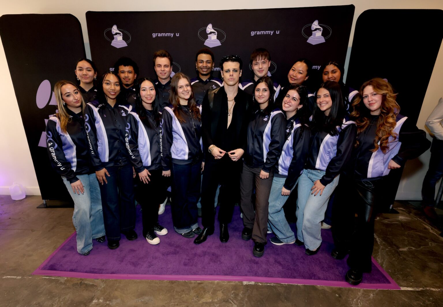 LOS ANGELES, CALIFORNIA - JANUARY 30: (L-R) Adyna Silverberg, Jenia Viles, Braunte Beeks, Johannes Escobar, Jada Bromberg, Noah Guidos, Cate Landis, Mykel Merritt, Yungblud, Cameron King, Lilah Rose Sahud, Olivia Ginzburg, Abigail Hali Ng, Julia Kirsh, Joslyn Bowman and Ily Aguilar attend the GRAMMY U Masterclass during the 68th GRAMMY Awards at Rolling Greens on January 30, 2026 in Los Angeles, California. (Photo by Anna Webber/Getty Images for The Rceording Academy)