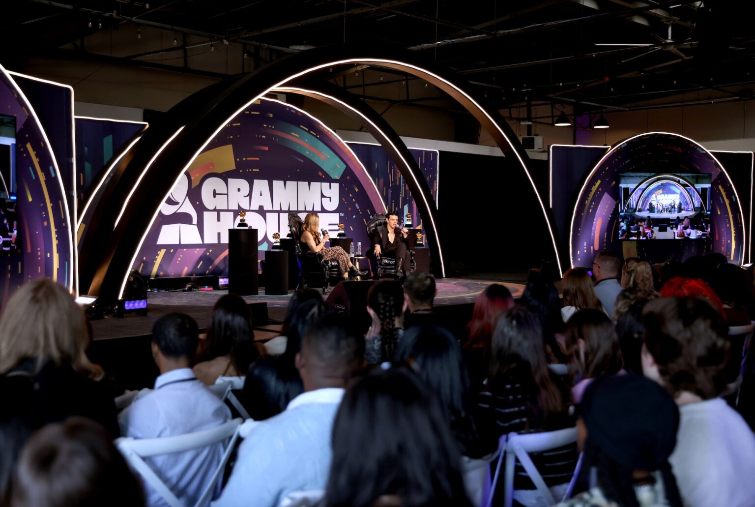 LOS ANGELES, CALIFORNIA - JANUARY 30: (L-R) Allison Hagendorf and Yungblud speak onstage during the GRAMMY U Masterclass during the 68th GRAMMY Awards at Rolling Greens on January 30, 2026 in Los Angeles, California. (Photo by Anna Webber/Getty Images for The Rceording Academy)