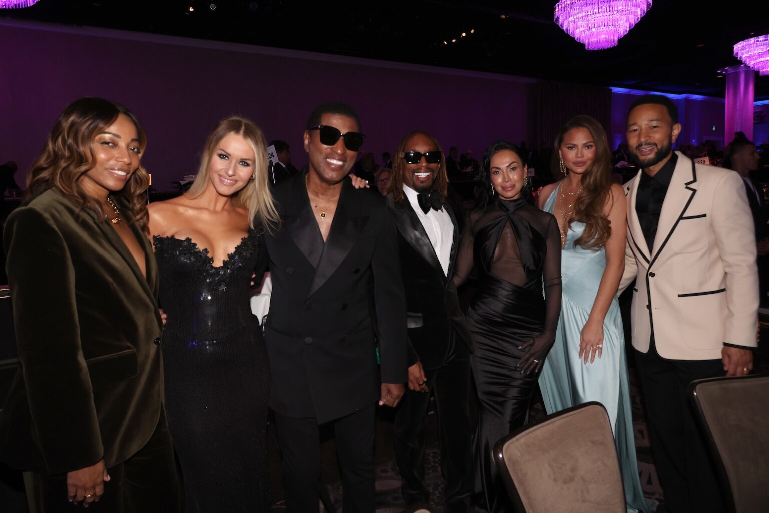 LOS ANGELES, CALIFORNIA - JANUARY 31: Dionne Harmon, Rika Tischendorf, Babyface, Lil Jon, Chrissy Teigen and John Legend attend the 68th GRAMMY Awards Pre-GRAMMY Gala & GRAMMY Salute to Industry Icons Honoring Avery Lipman & Monte Lipman on January 31, 2026 in Los Angeles, California. (Photo by Johnny Nunez/Getty Images for The Recording Academy)