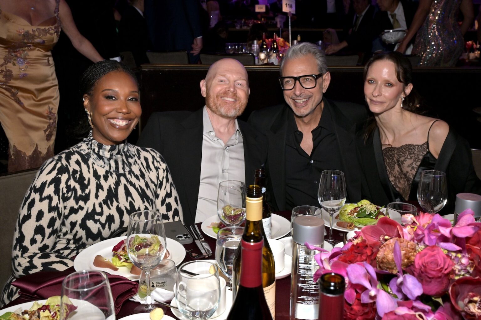 LOS ANGELES, CALIFORNIA - JANUARY 31: (L-R) Nia Renée Hill, Bill Burr, Jeff Goldblum and Emilie Livingston attend the 68th GRAMMY Awards Pre-GRAMMY Gala & GRAMMY Salute to Industry Icons Honoring Avery Lipman & Monte Lipman on January 31, 2026 in Los Angeles, California. (Photo by Lester Cohen/Getty Images for The Recording Academy)