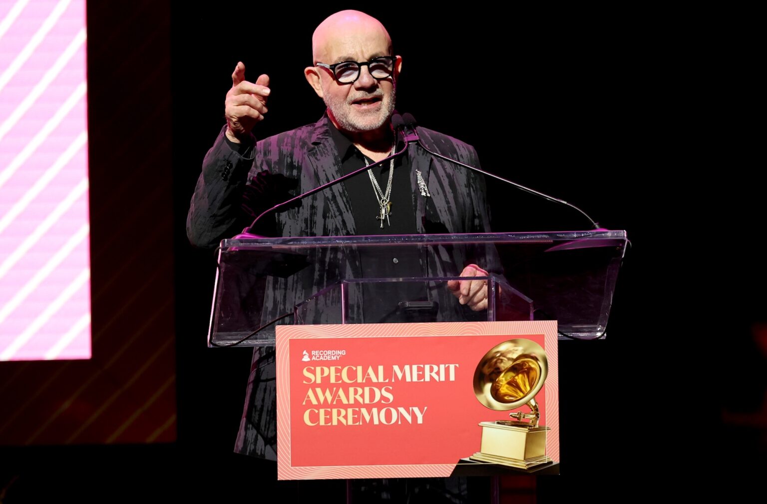 LOS ANGELES, CALIFORNIA - JANUARY 31: Bernie Taupin speaks onstage during the Special Merit Awards Ceremony & 68th Annual GRAMMY Nominees Reception during the 68th GRAMMY Awards on January 31, 2026 in Los Angeles, California. (Photo by Monica Schipper/Getty Images for The Recording Academy)