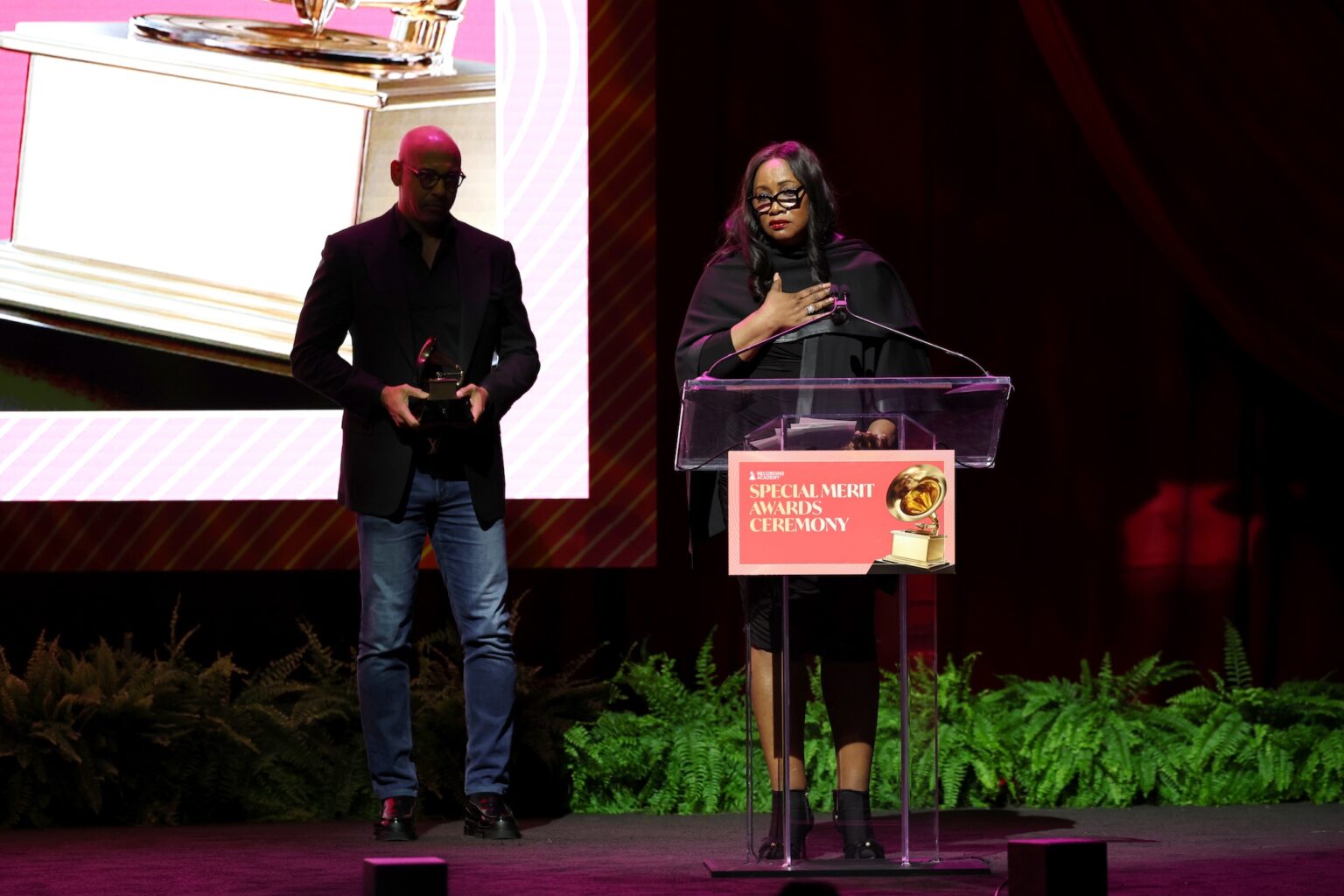 LOS ANGELES, CALIFORNIA - JANUARY 31: (L-R) Harvey Mason jr., CEO, the Recording Academy and Pat Houston speak onstage during the Special Merit Awards Ceremony & 68th Annual GRAMMY Nominees Reception during the 68th GRAMMY Awards on January 31, 2026 in Los Angeles, California. (Photo by Monica Schipper/Getty Images for The Recording Academy)