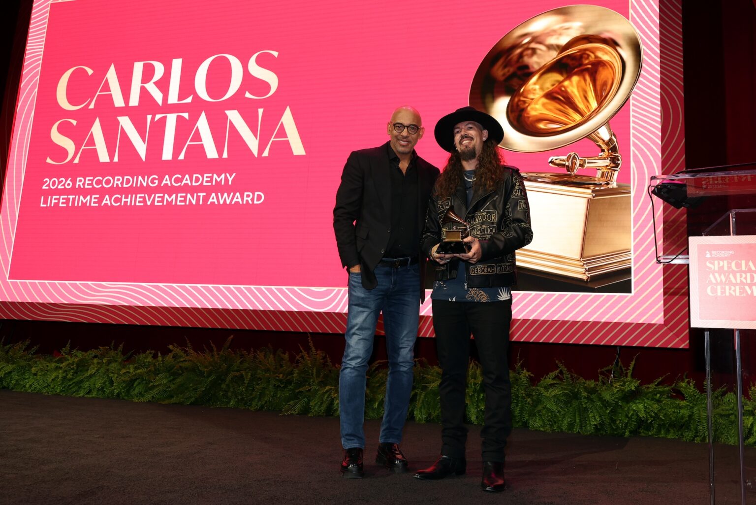 LOS ANGELES, CALIFORNIA - JANUARY 31: (L-R) Harvey Mason jr., CEO, the Recording Academy and Salvador Santana pose onstage during the Special Merit Awards Ceremony & 68th Annual GRAMMY Nominees Reception during the 68th GRAMMY Awards on January 31, 2026 in Los Angeles, California. (Photo by Mat Hayward/Getty Images for The Recording Academy)