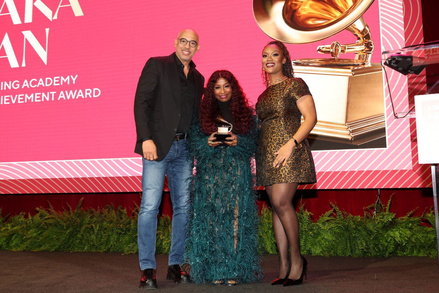 LOS ANGELES, CALIFORNIA - JANUARY 31: (L-R) Harvey Mason jr., CEO, the Recording Academy, Chaka Khan and Chelsey Green pose onstage during the Special Merit Awards Ceremony & 68th Annual GRAMMY Nominees Reception during the 68th GRAMMY Awards on January 31, 2026 in Los Angeles, California. (Photo by Mat Hayward/Getty Images for The Recording Academy)