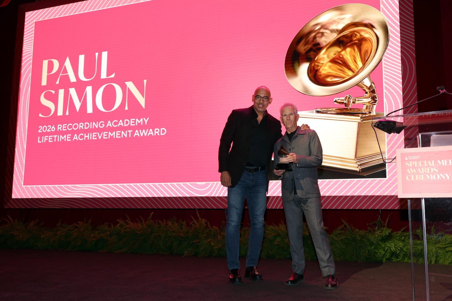 LOS ANGELES, CALIFORNIA - JANUARY 31: (L-R) Harvey Mason jr., CEO, the Recording Academy and Michael Ostin pose onstage during the Special Merit Awards Ceremony & 68th Annual GRAMMY Nominees Reception during the 68th GRAMMY Awards on January 31, 2026 in Los Angeles, California. (Photo by Mat Hayward/Getty Images for The Recording Academy)