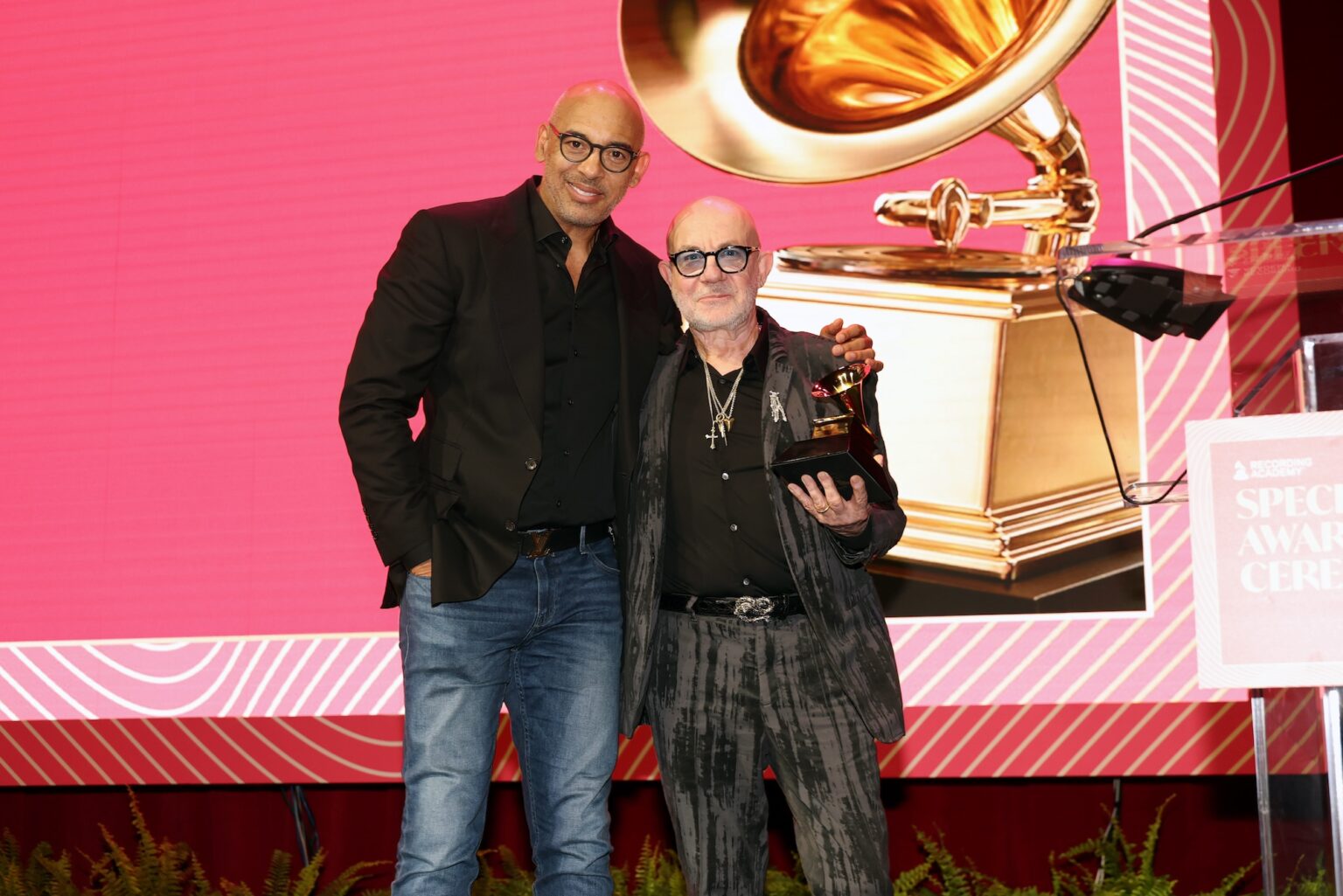 LOS ANGELES, CALIFORNIA - JANUARY 31: (L-R) Harvey Mason jr., CEO, the Recording Academy and Bernie Taupin pose onstage during the Special Merit Awards Ceremony & 68th Annual GRAMMY Nominees Reception during the 68th GRAMMY Awards on January 31, 2026 in Los Angeles, California. (Photo by Mat Hayward/Getty Images for The Recording Academy)