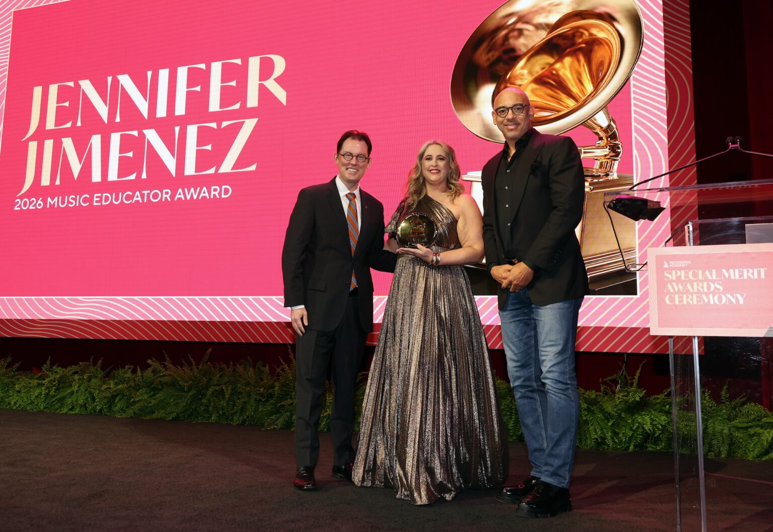 LOS ANGELES, CALIFORNIA - JANUARY 31: (L-R) Michael Sticka, President, GRAMMY Museum, Jennifer Jimenez and Harvey Mason jr., CEO, the Recording Academy pose onstage during the Special Merit Awards Ceremony & 68th Annual GRAMMY Nominees Reception during the 68th GRAMMY Awards on January 31, 2026 in Los Angeles, California. (Photo by Mat Hayward/Getty Images for The Recording Academy)