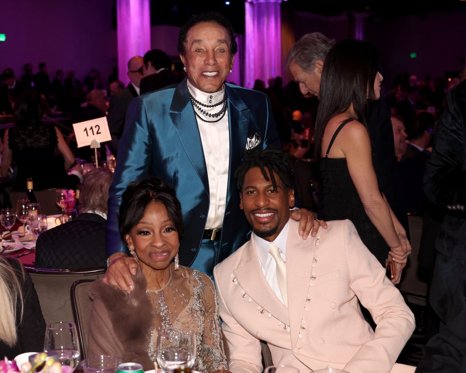 LOS ANGELES, CALIFORNIA - JANUARY 31: (L-R) Gladys Knight, Smokey Robinson and Jon Batiste attend the 68th GRAMMY Awards Pre-GRAMMY Gala & GRAMMY Salute to Industry Icons Honoring Avery Lipman & Monte Lipman on January 31, 2026 in Los Angeles, California. (Photo by Johnny Nunez/Getty Images for The Recording Academy)