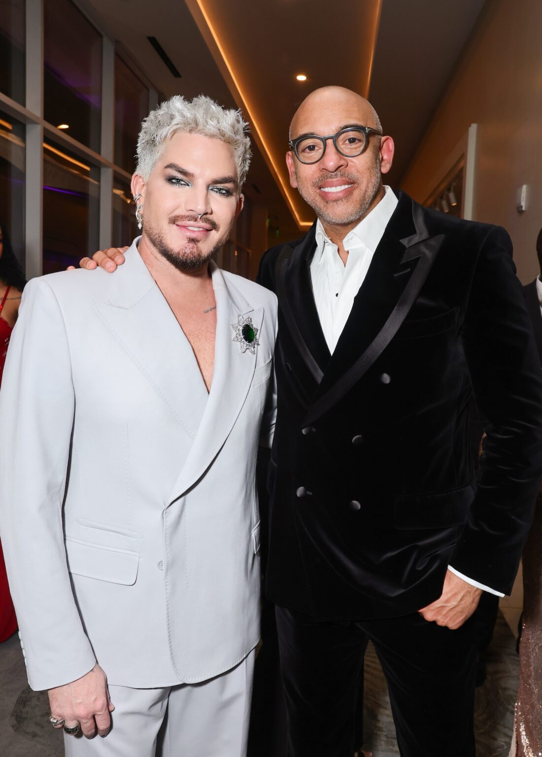 LOS ANGELES, CALIFORNIA - JANUARY 31: (L-R) Adam Lambert and Harvey Mason jr., CEO of The Recording Academy attend the 68th GRAMMY Awards Pre-GRAMMY Gala & GRAMMY Salute to Industry Icons Honoring Avery Lipman & Monte Lipman on January 31, 2026 in Los Angeles, California. (Photo by Emma McIntyre/Getty Images for The Recording Academy)