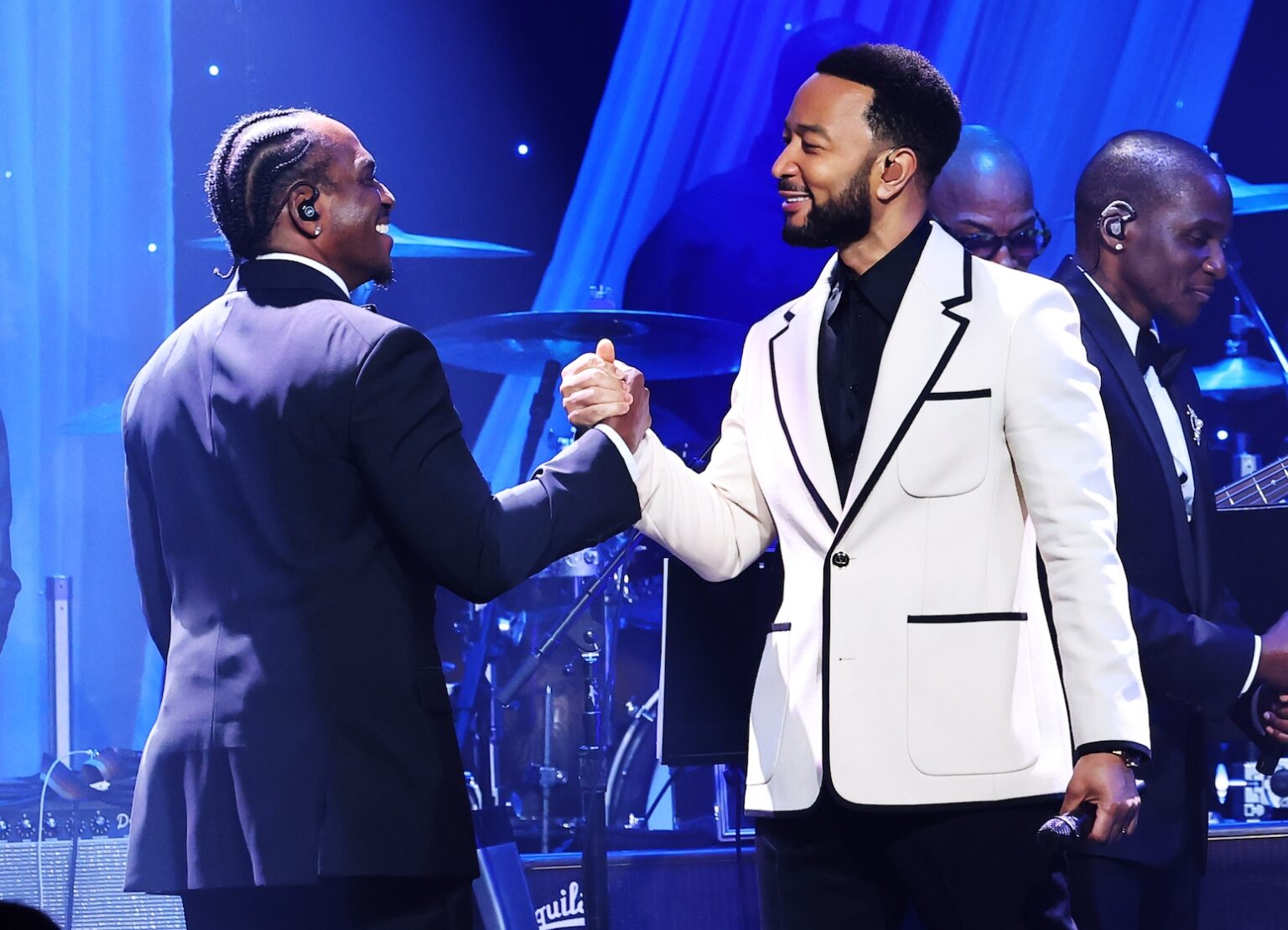 LOS ANGELES, CALIFORNIA - JANUARY 31: (L-R) Pusha T of Clipse and John Legend perform onstage during the 68th GRAMMY Awards Pre-GRAMMY Gala & GRAMMY Salute to Industry Icons Honoring Avery Lipman & Monte Lipman on January 31, 2026 in Los Angeles, California. (Photo by Leon Bennett/Getty Images for The Recording Academy)