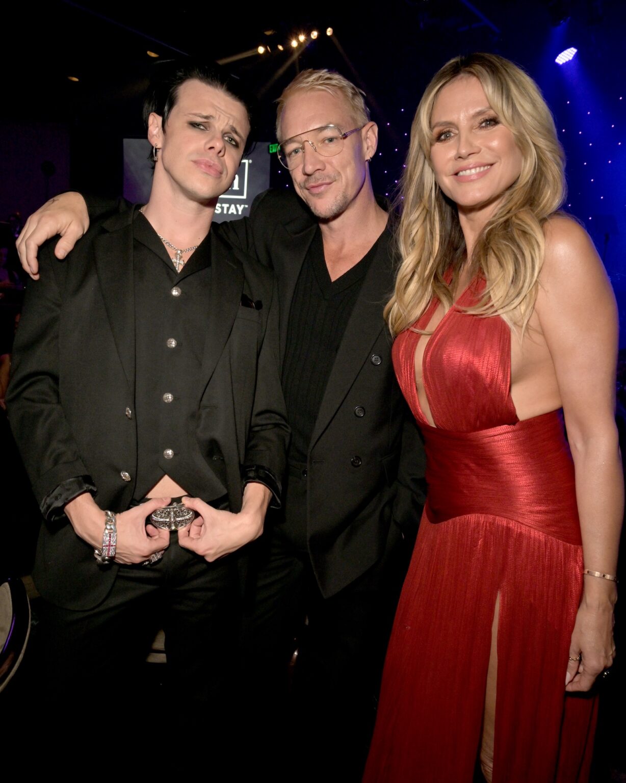 LOS ANGELES, CALIFORNIA - JANUARY 31: (L-R) YUNGBLUD, Diplo and Heidi Klum attend the 68th GRAMMY Awards Pre-GRAMMY Gala & GRAMMY Salute to Industry Icons Honoring Avery Lipman & Monte Lipman on January 31, 2026 in Los Angeles, California. (Photo by Lester Cohen/Getty Images for The Recording Academy)