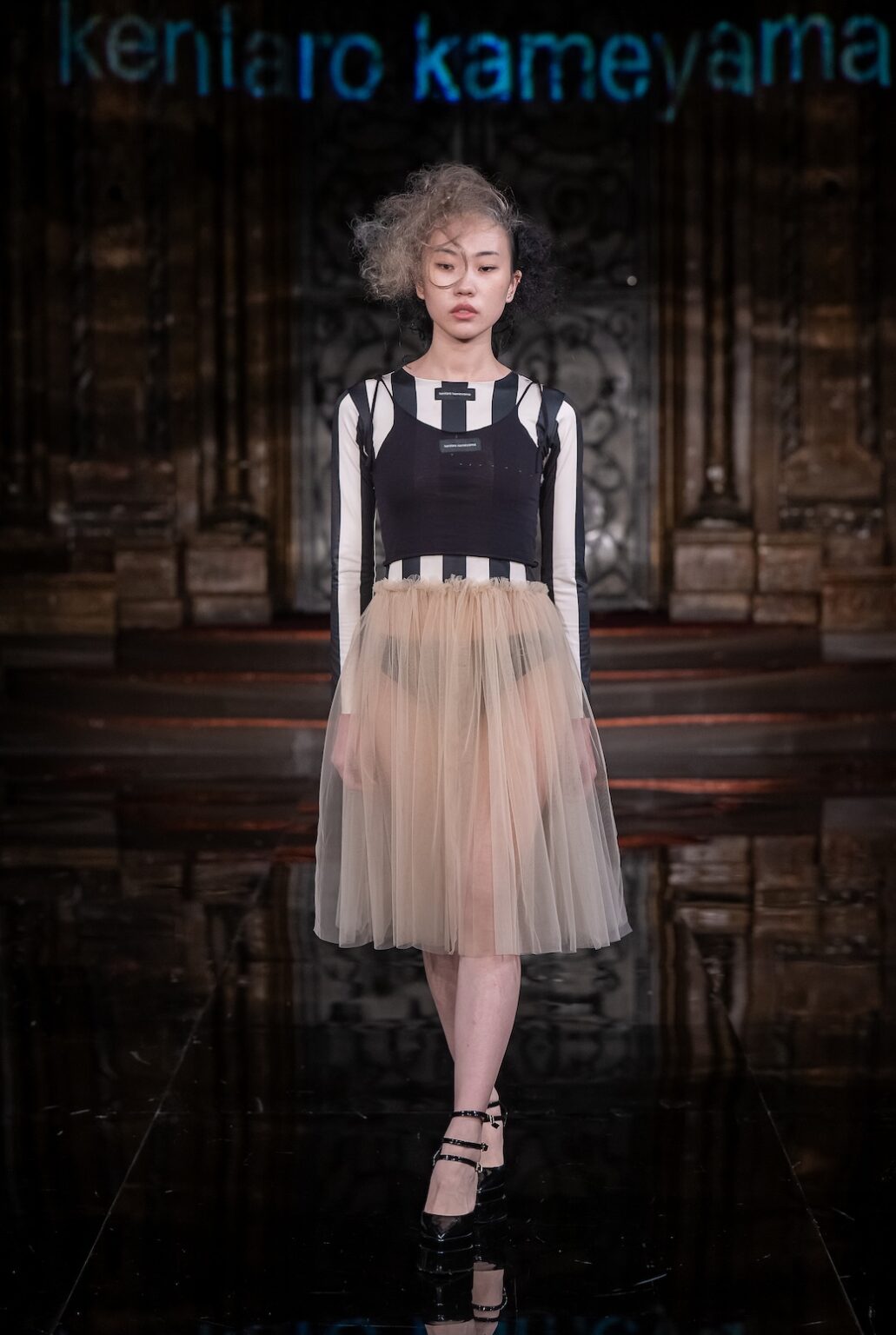 NEW YORK, NEW YORK - FEBRUARY 13: A model walks the runway at the Kentaro show during New York Fashion Week Powered By Art Hearts Fashion at The Angel Orensanz Foundation on February 13, 2026 in New York City. (Photo by Mark Gunter/Getty Images for Art Hearts Fashion)