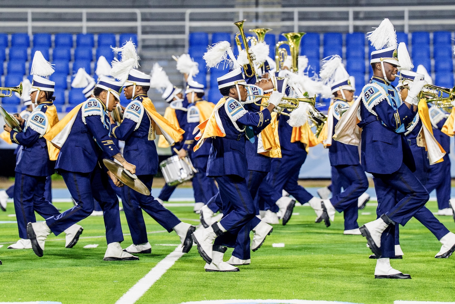 BATON ROUGE, LOUISIANA - FEBRUARY 05: Southern University Marching Band performs at A.W. Mumford Stadium on February 05, 2026 in Baton Rouge, Louisiana. (Photo by Erika Goldring/Getty Images for Lionsgate)