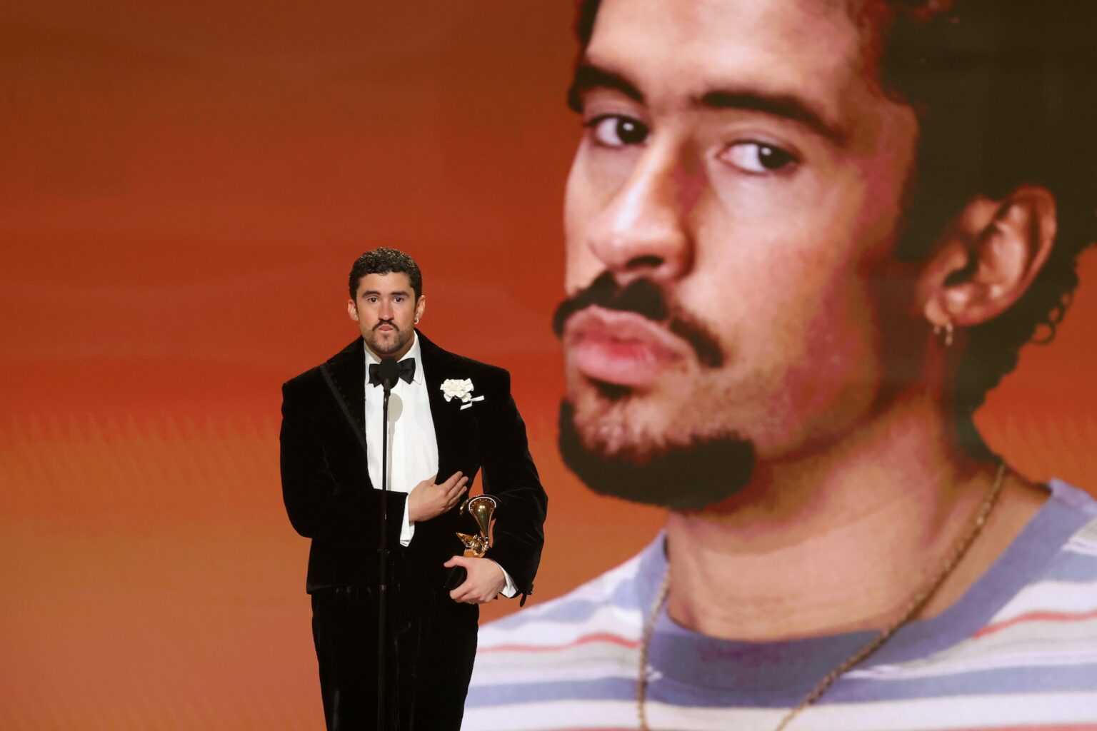 LOS ANGELES, CALIFORNIA - FEBRUARY 01: Bad Bunny accepts the Album of the Year award for "DeBÍ TiRAR MáS FOToS" onstage during the 68th GRAMMY Awards at Crypto.com Arena on February 01, 2026 in Los Angeles, California. (Photo by Kevin Winter/Getty Images for The Recording Academy)