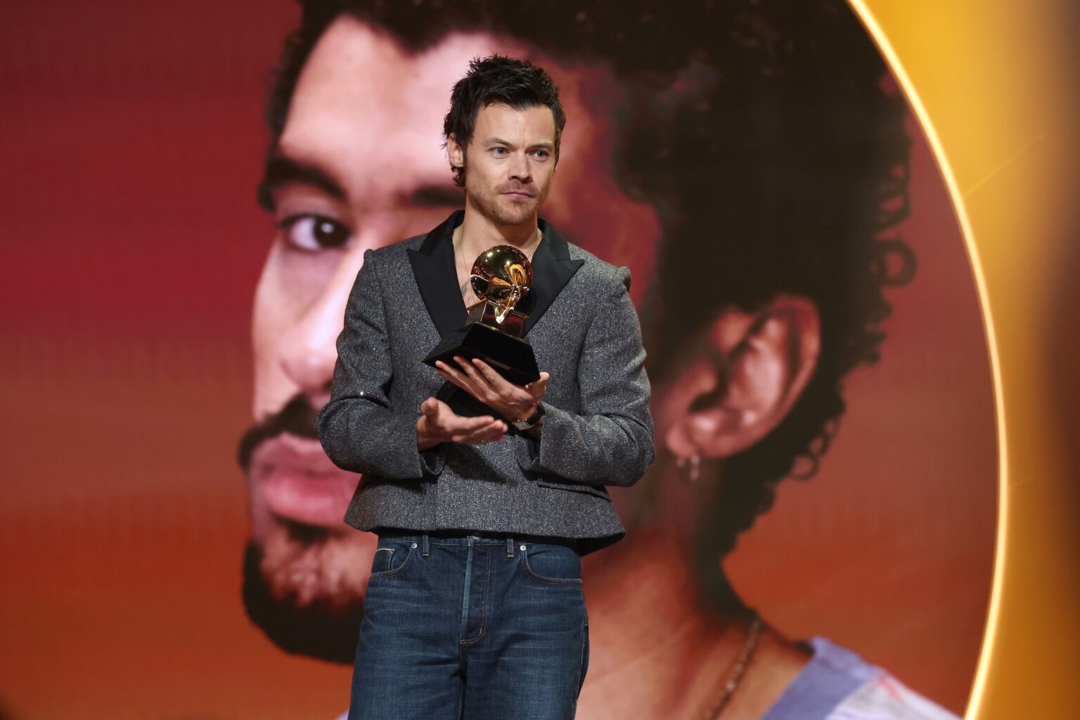 LOS ANGELES, CALIFORNIA - FEBRUARY 01: Harry Styles speaks onstage during the 68th GRAMMY Awards at Crypto.com Arena on February 01, 2026 in Los Angeles, California. (Photo by Kevin Mazur/Getty Images for The Recording Academy)