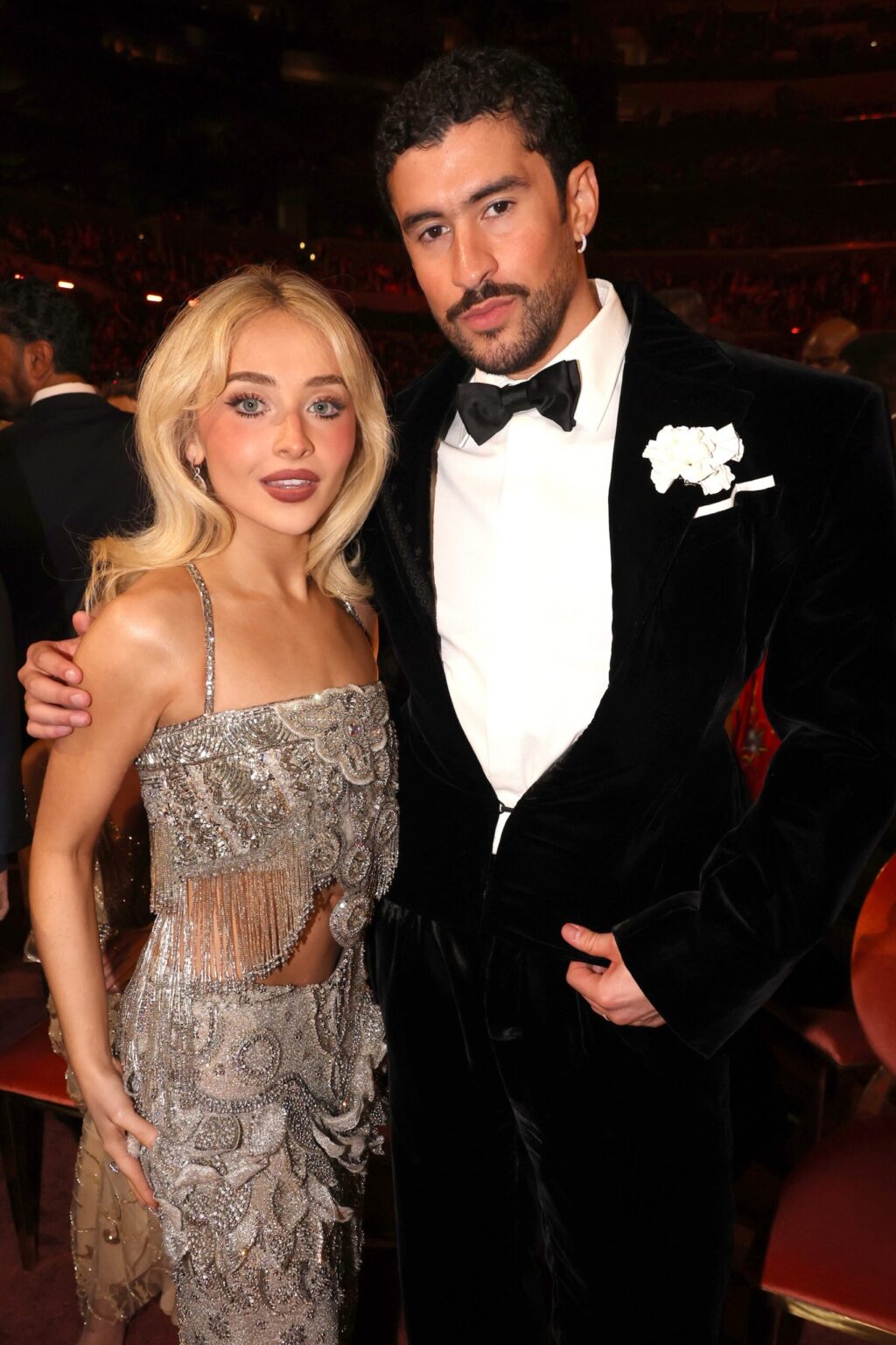LOS ANGELES, CALIFORNIA - FEBRUARY 01: (L-R) Sabrina Carpenter and Bad Bunny attend the 68th GRAMMY Awards at Crypto.com Arena on February 01, 2026 in Los Angeles, California. (Photo by Johnny Nunez/Getty Images for The Recording Academy)