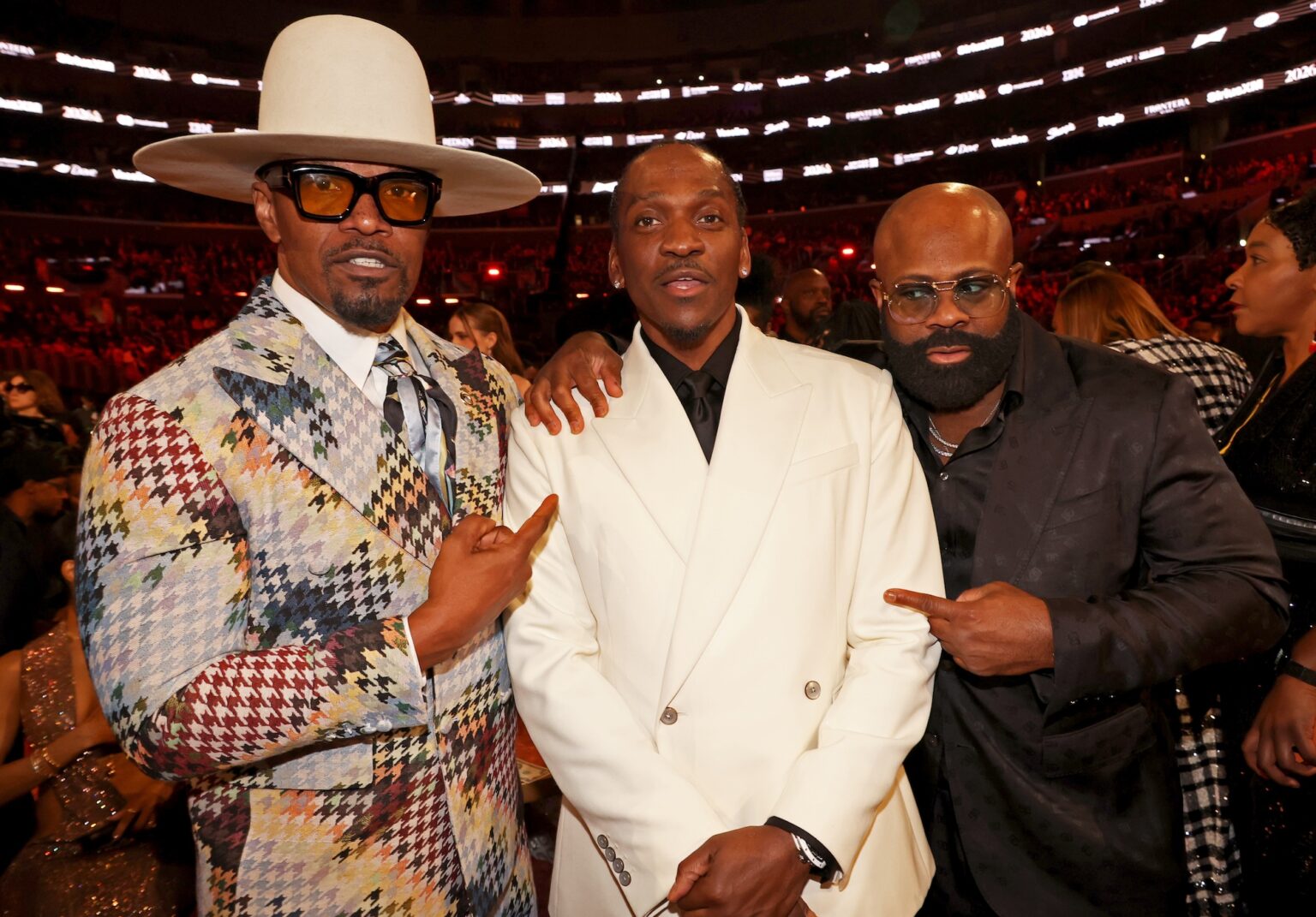 LOS ANGELES, CALIFORNIA - FEBRUARY 01: (L-R) Jamie Foxx, Pusha T and Breyon Prescott attend the 68th GRAMMY Awards at Crypto.com Arena on February 01, 2026 in Los Angeles, California. (Photo by Johnny Nunez/Getty Images for The Recording Academy)