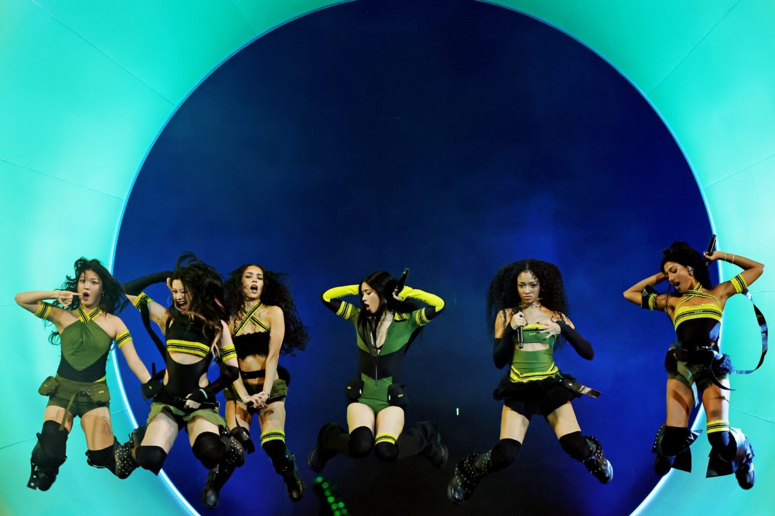 LOS ANGELES, CALIFORNIA - FEBRUARY 01: (L-R) Yoonchae, Megan, Daniela, Sophia, Manon and Lara Raj of KATSEYE perform onstage during the 68th GRAMMY Awards at Crypto.com Arena on February 01, 2026 in Los Angeles, California. (Photo by Kevin Winter/Getty Images for The Recording Academy)