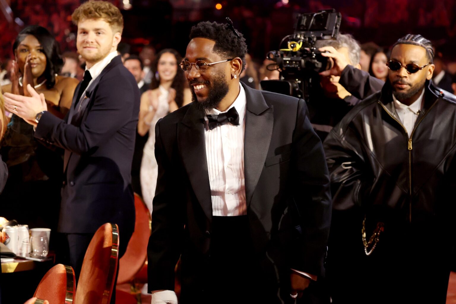 LOS ANGELES, CALIFORNIA - FEBRUARY 01: Kendrick Lamar and Sounwave accept the Record of The Year award for "luther" during the 68th GRAMMY Awards at Crypto.com Arena on February 01, 2026 in Los Angeles, California. (Photo by Kevin Mazur/Getty Images for The Recording Academy)