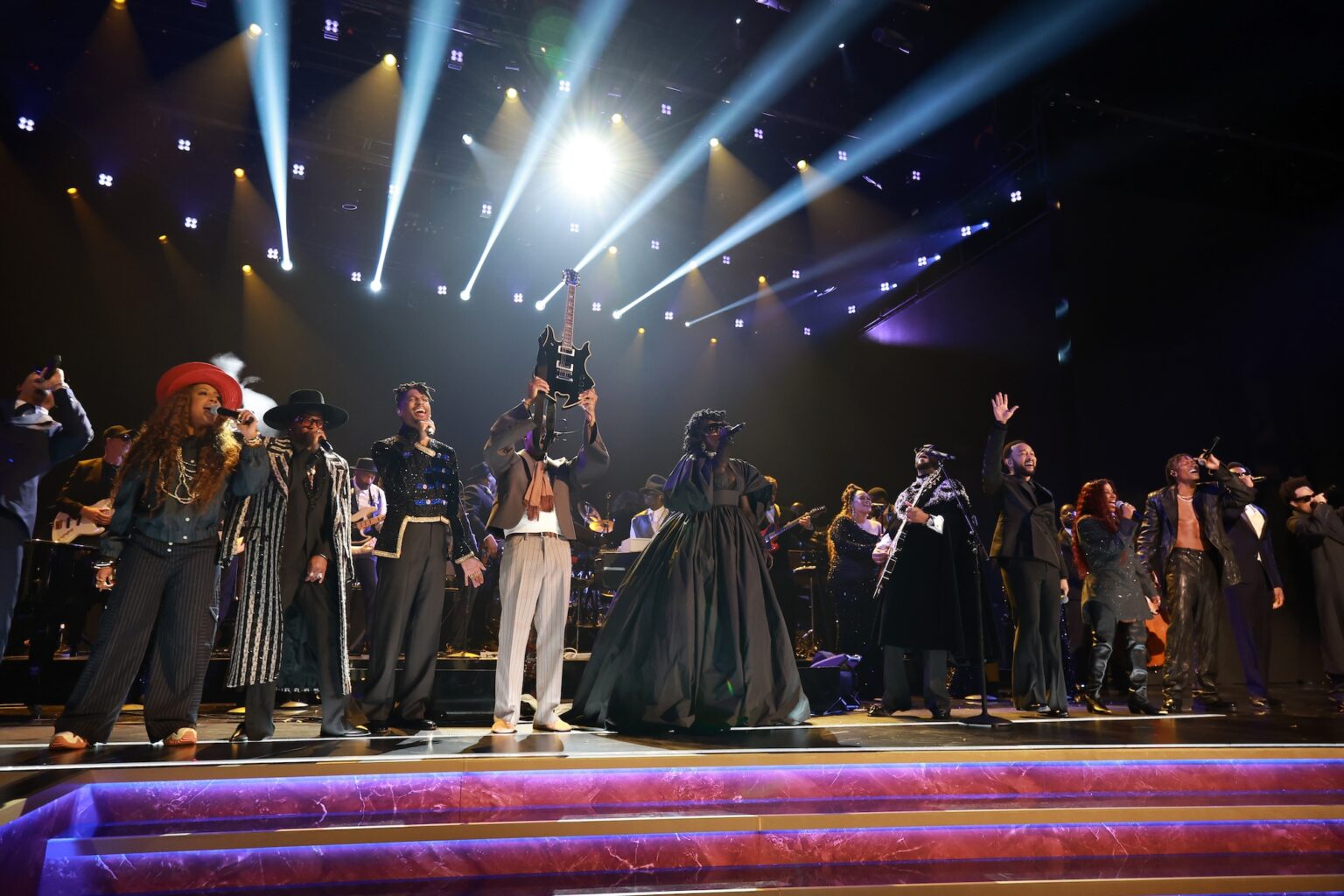 LOS ANGELES, CALIFORNIA - FEBRUARY 01: (L-R) October London, Lalah Hathaway, Anthony Hamilton, Jon Batiste, Raphael Saadiq, Lauryn Hill, Wyclef Jean, John Legend, Chaka Khan, Lucky Daye, Leon Bridges, and Bilal perform onstage during the 68th GRAMMY Awards at Crypto.com Arena on February 01, 2026 in Los Angeles, California. (Photo by Kevin Mazur/Getty Images for The Recording Academy)