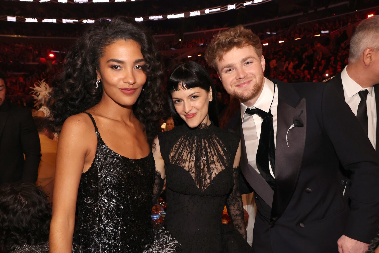 LOS ANGELES, CALIFORNIA - FEBRUARY 01: (L-R) Olivia Dean, María Zardoya and Alex Warren attend the 68th GRAMMY Awards at Crypto.com Arena on February 01, 2026 in Los Angeles, California. (Photo by Johnny Nunez/Getty Images for The Recording Academy)