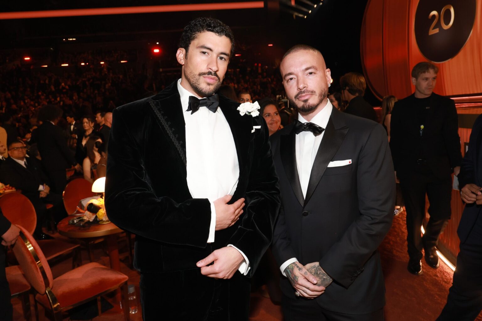 LOS ANGELES, CALIFORNIA - FEBRUARY 01: (L-R) Bad Bunny and J Balvin attend the 68th GRAMMY Awards at Crypto.com Arena on February 01, 2026 in Los Angeles, California. (Photo by Kevin Mazur/Getty Images for The Recording Academy)