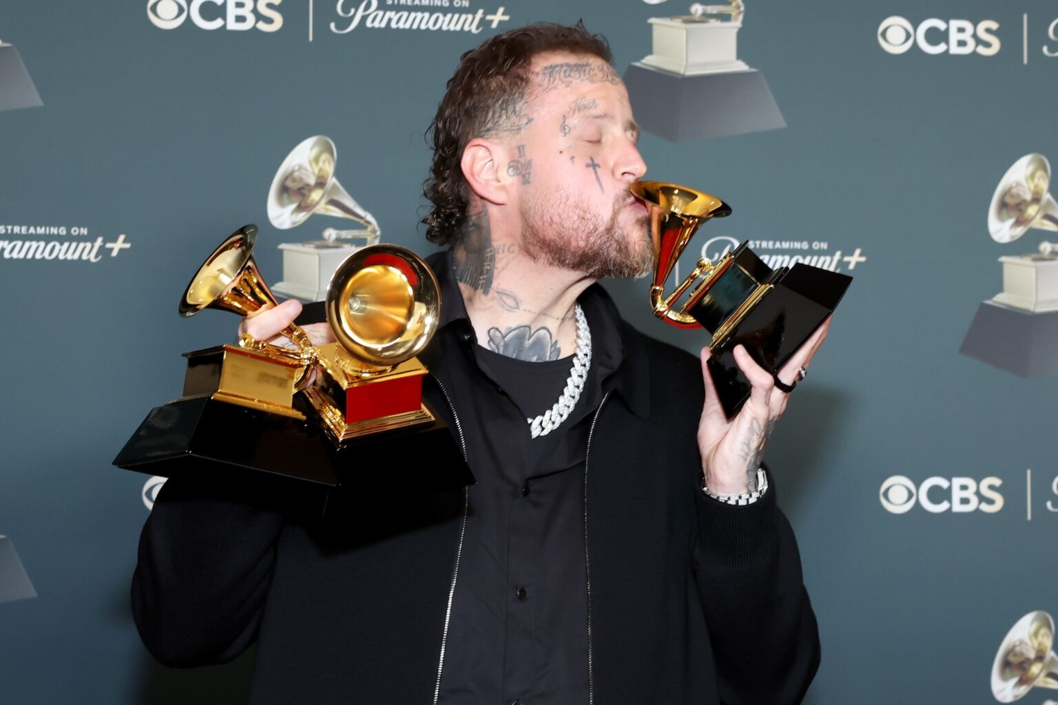 LOS ANGELES, CALIFORNIA - FEBRUARY 01: Jelly Roll, winner of Best Country Duo/Group Performance for "Amen," Best Contemporary Country Album for "Beautifully Broken," and Best Contemporary Christian Music Performance/Song for "Hard Fought Hallelujah,", poses in the press room during the 68th GRAMMY Awards at Crypto.com Arena on February 01, 2026 in Los Angeles, California. (Photo by Leon Bennett/Getty Images for The Recording Academy)