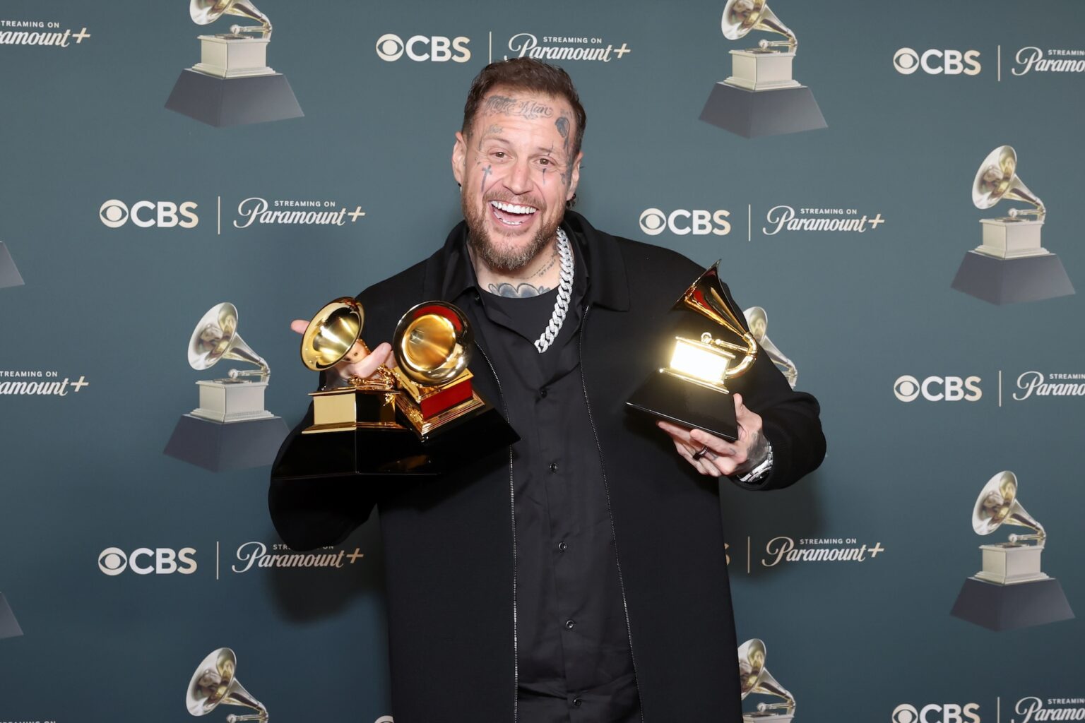 LOS ANGELES, CALIFORNIA - FEBRUARY 01: Jelly Roll, winner of Best Country Duo/Group Performance for "Amen," Best Contemporary Country Album for "Beautifully Broken," and Best Contemporary Christian Music Performance/Song for "Hard Fought Hallelujah,", poses in the press room during the 68th GRAMMY Awards at Crypto.com Arena on February 01, 2026 in Los Angeles, California. (Photo by Leon Bennett/Getty Images for The Recording Academy)