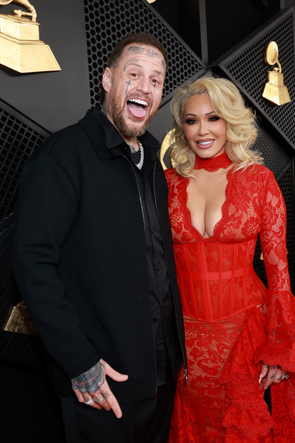 LOS ANGELES, CALIFORNIA - FEBRUARY 01: (L-R) Jelly Roll and Bunnie Xo attend the 68th GRAMMY Awards on February 01, 2026 in Los Angeles, California. (Photo by Kevin Mazur/Getty Images for The Recording Academy)