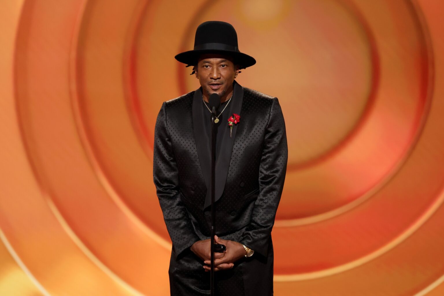LOS ANGELES, CALIFORNIA - FEBRUARY 01: Q-Tip speaks onstage during the 68th GRAMMY Awards at Crypto.com Arena on February 01, 2026 in Los Angeles, California. (Photo by Kevin Winter/Getty Images for The Recording Academy)