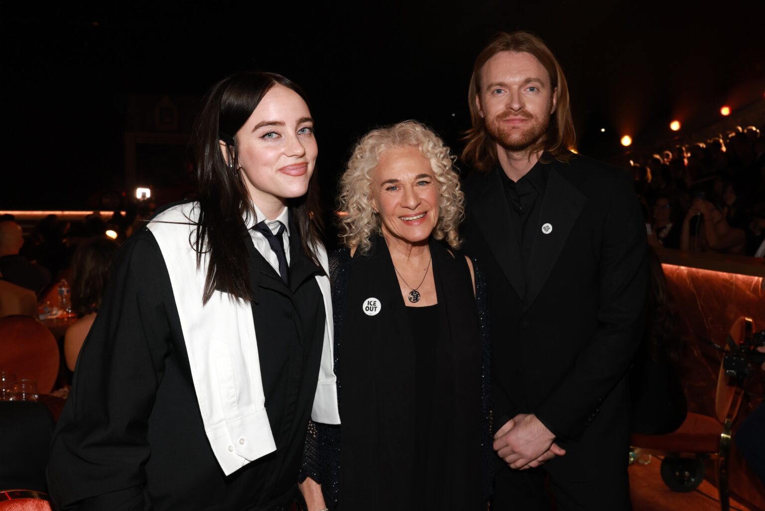 LOS ANGELES, CALIFORNIA - FEBRUARY 01: (L-R) Billie Eilish, Carole King, and Finneas O'Connell attend the 68th GRAMMY Awards at Crypto.com Arena on February 01, 2026 in Los Angeles, California. (Photo by Kevin Mazur/Getty Images for The Recording Academy)