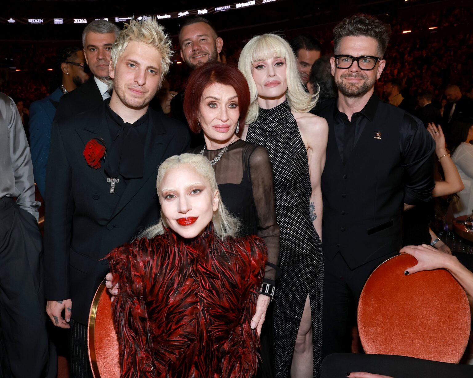 LOS ANGELES, CALIFORNIA - FEBRUARY 01: Andrew Watt, Lady Gaga, Sharon Osbourne, Kelly Osbourne and Jack Osbourne attend the 68th GRAMMY Awards at Crypto.com Arena on February 01, 2026 in Los Angeles, California. (Photo by Kevin Mazur/Getty Images for The Recording Academy)