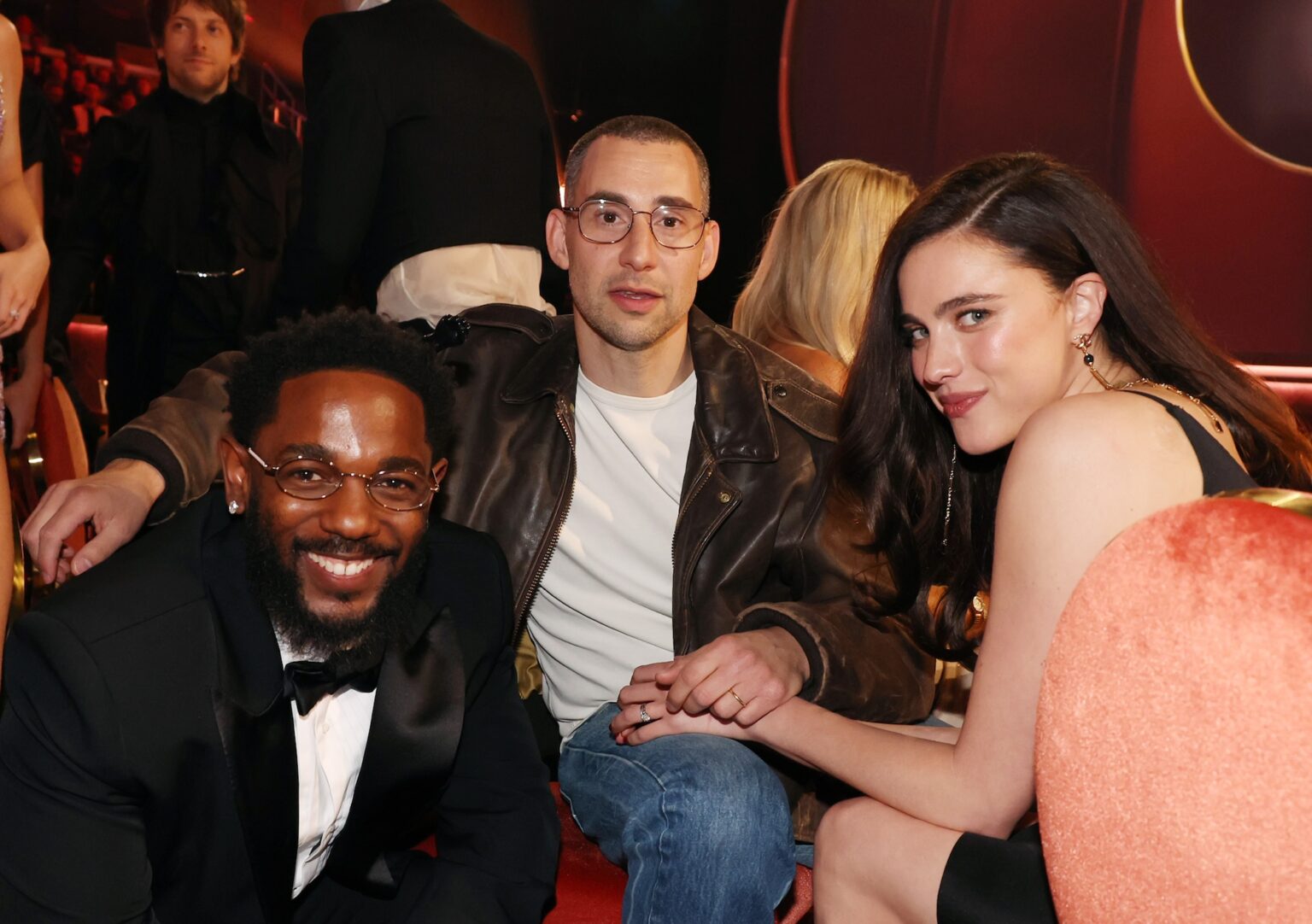 LOS ANGELES, CALIFORNIA - FEBRUARY 01: (L-R) Kendrick Lamar, Jack Antonoff and Margaret Qualley attend the 68th GRAMMY Awards at Crypto.com Arena on February 01, 2026 in Los Angeles, California. (Photo by Johnny Nunez/Getty Images for The Recording Academy)