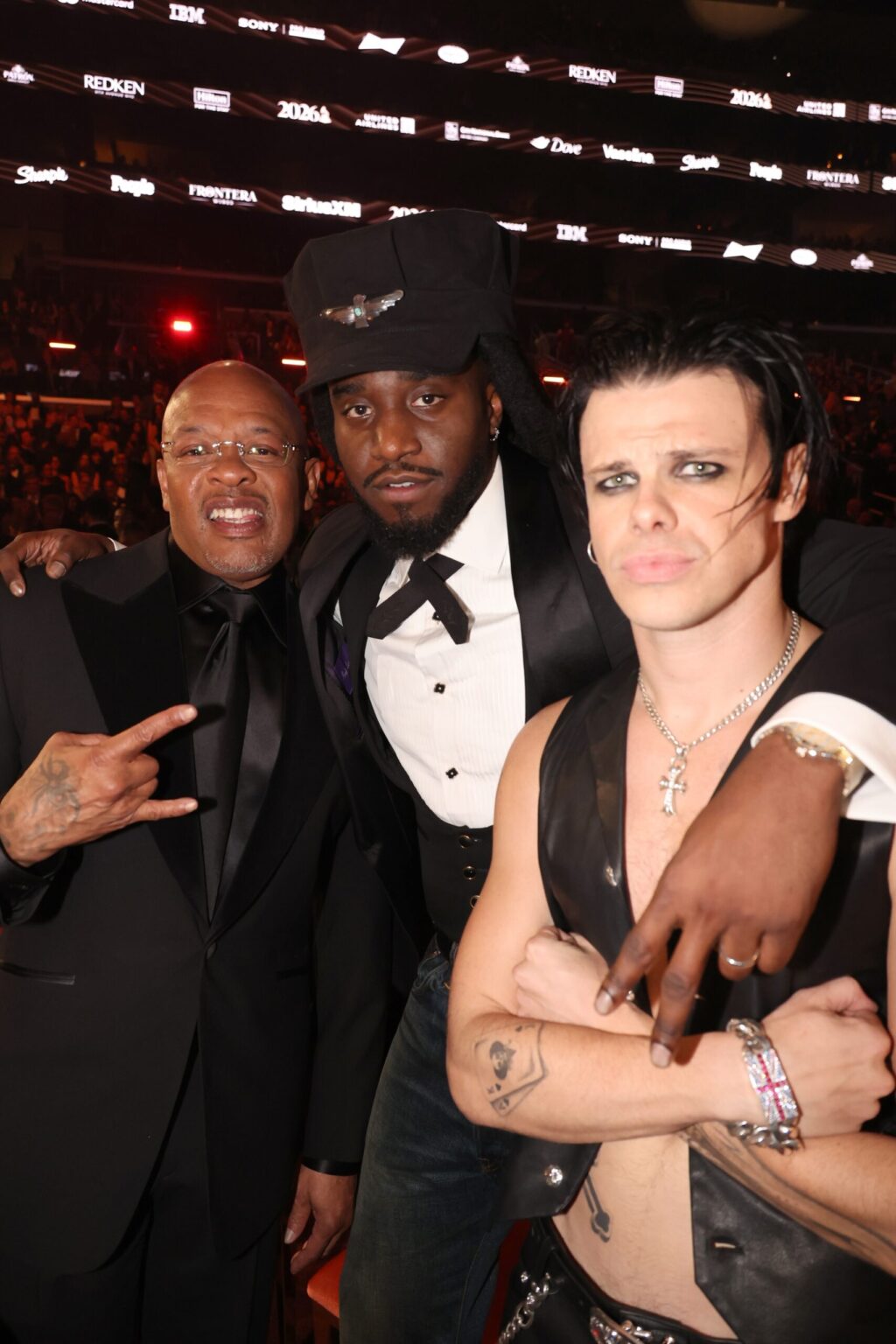 LOS ANGELES, CALIFORNIA - FEBRUARY 01: (L-R) Dr. Dre, Shaboozey and Yungblud attend the 68th GRAMMY Awards at Crypto.com Arena on February 01, 2026 in Los Angeles, California. (Photo by Johnny Nunez/Getty Images for The Recording Academy)