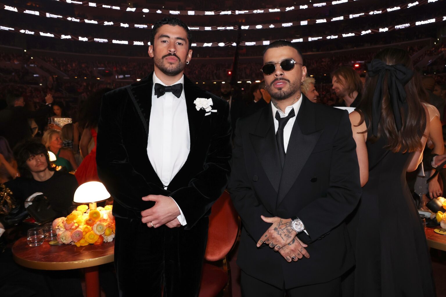 LOS ANGELES, CALIFORNIA - FEBRUARY 01: (L-R) Bad Bunny and Rauw Alejandro attend the 68th GRAMMY Awards at Crypto.com Arena on February 01, 2026 in Los Angeles, California. (Photo by Johnny Nunez/Getty Images for The Recording Academy)