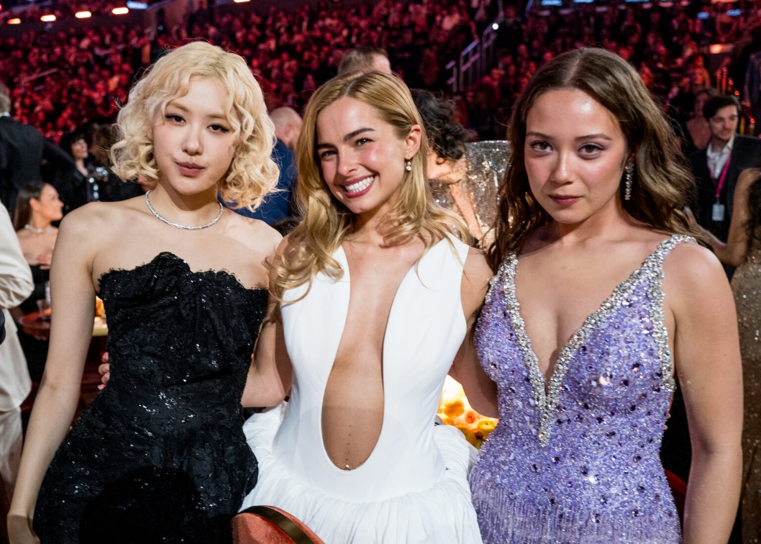 LOS ANGELES, CALIFORNIA - FEBRUARY 01: (L-R) Rosé, Addison Rae and Laufey attend the 68th GRAMMY Awards at Crypto.com Arena on February 01, 2026 in Los Angeles, California. (Photo by John Shearer/Getty Images for The Recording Academy)