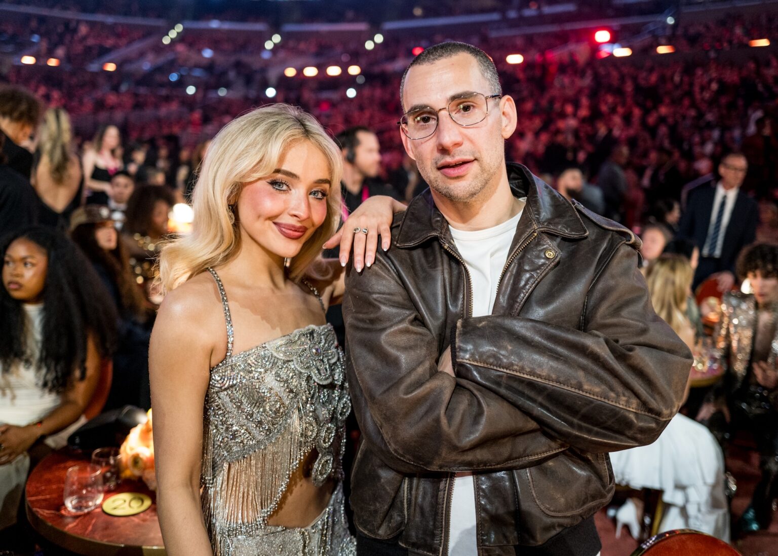 LOS ANGELES, CALIFORNIA - FEBRUARY 01: (L-R) Sabrina Carpenter and Jack Antonoff attend the 68th GRAMMY Awards at Crypto.com Arena on February 01, 2026 in Los Angeles, California. (Photo by John Shearer/Getty Images for The Recording Academy)