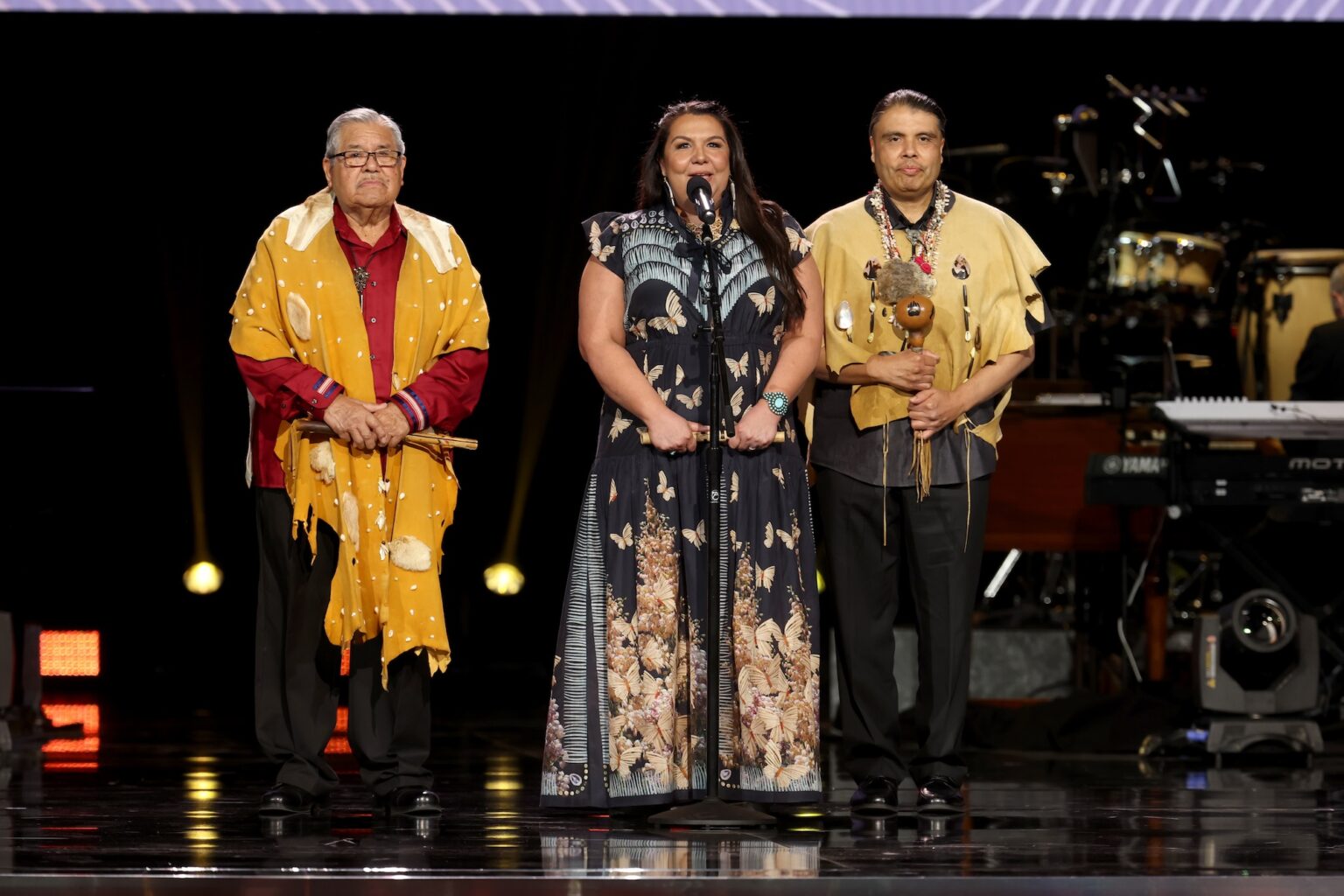 LOS ANGELES, CALIFORNIA - FEBRUARY 01: Mona Morales Recalde (C) performs onstage during the 68th GRAMMY Awards Premiere Ceremony at Peacock Theater on February 01, 2026 in Los Angeles, California. (Photo by Matt Winkelmeyer/Getty Images for The Recording Academy)
