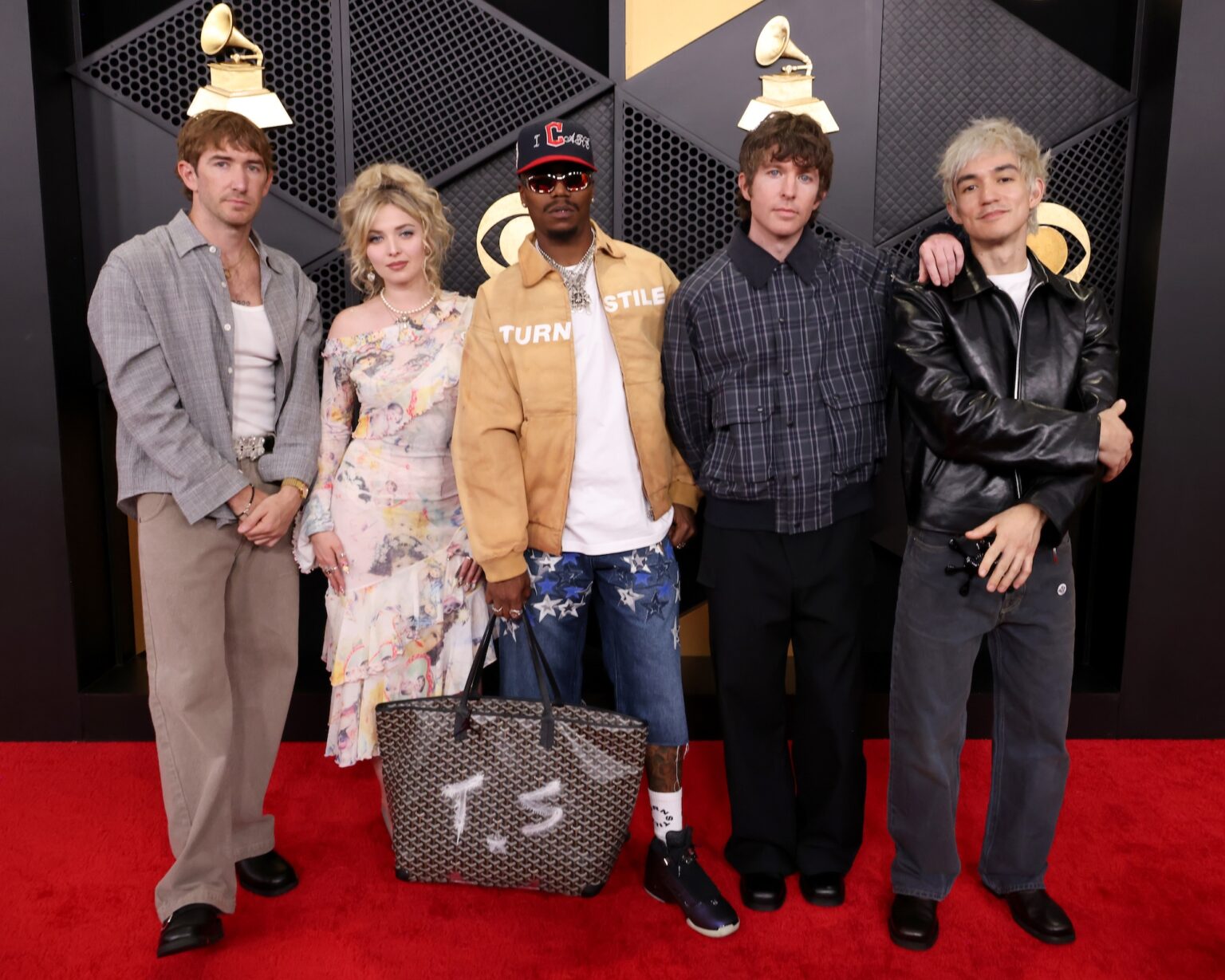 LOS ANGELES, CALIFORNIA - FEBRUARY 01: (L-R) Pat McCrory, Meg Mills, Franz Lyons, Brendan Yates and Daniel Fang of Turnstile attend the 68th GRAMMY Awards on February 01, 2026 in Los Angeles, California. (Photo by John Shearer/Getty Images for The Recording Academy)
