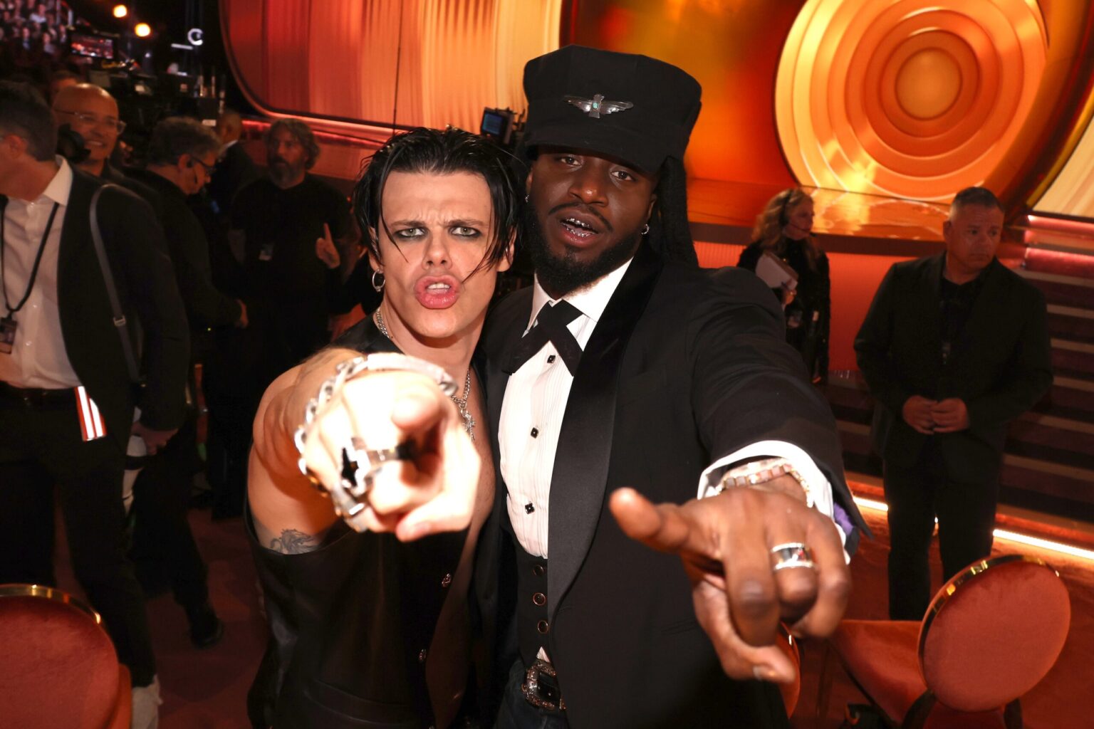 LOS ANGELES, CALIFORNIA - FEBRUARY 01: (L-R) YUNGBLUD and Shaboozey attend the 68th GRAMMY Awards at Crypto.com Arena on February 01, 2026 in Los Angeles, California. (Photo by Johnny Nunez/Getty Images for The Recording Academy)