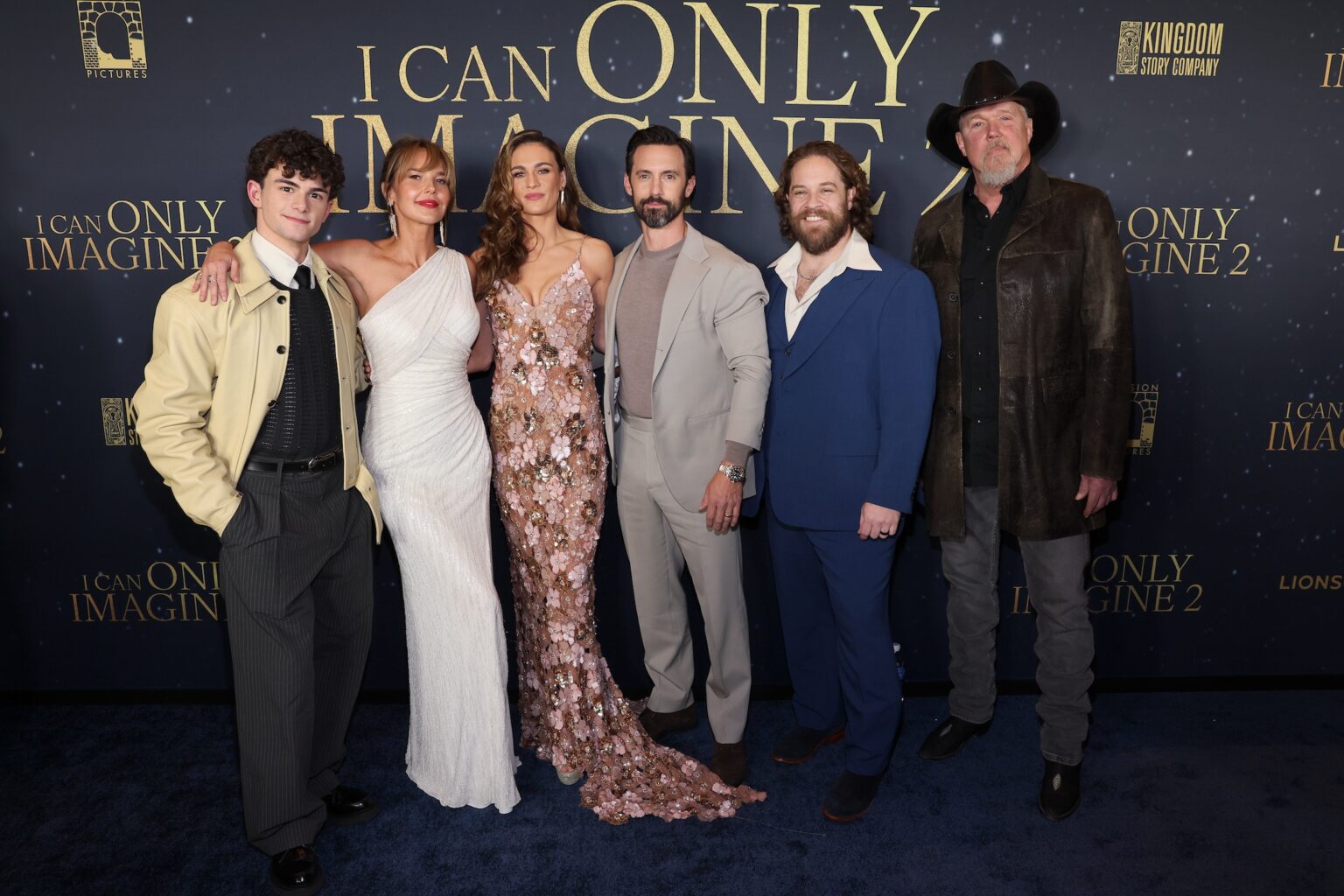 NASHVILLE, TENNESSEE - FEBRUARY 12: (L-R) Sammy Dell, Arielle Kebbel, Sophie Skelton, Milo Ventimiglia, John Michael Finley and Trace Adkins attend the 'I Can Only Imagine 2" Nashville Premiere at Belmont University on February 12, 2026 in Nashville, Tennessee. (Photo by Terry Wyatt/Getty Images for Lionsgate)