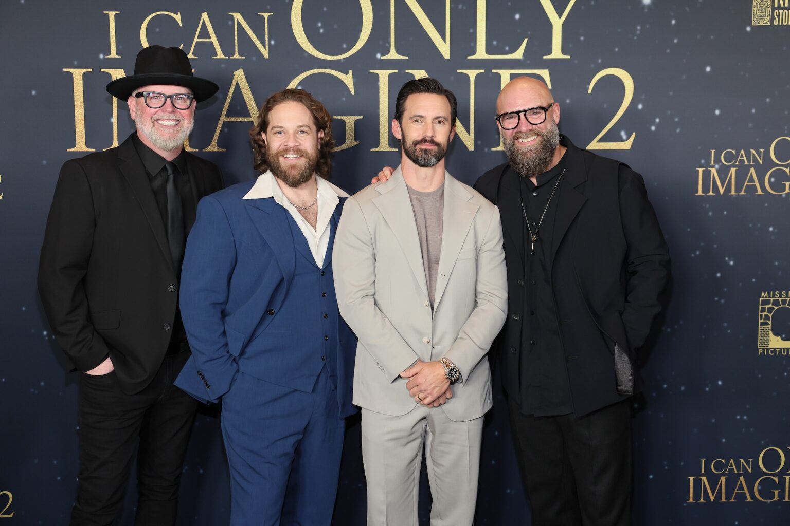 NASHVILLE, TENNESSEE - FEBRUARY 12: (L-R) Bart Millard, John Michael Finley, Milo Ventimiglia and Tim Timmons attend the 'I Can Only Imagine 2" Nashville Premiere at Belmont University on February 12, 2026 in Nashville, Tennessee. (Photo by Terry Wyatt/Getty Images for Lionsgate)