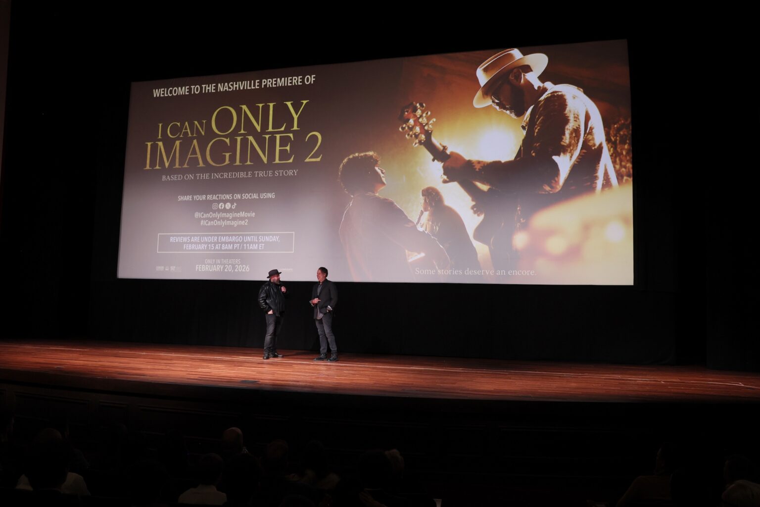 NASHVILLE, TENNESSEE - FEBRUARY 12: (L-R) Andrew Erwin and Brent McCorkle speak onstage during the 'I Can Only Imagine 2" Nashville Premiere at Belmont University on February 12, 2026 in Nashville, Tennessee. (Photo by Terry Wyatt/Getty Images for Lionsgate)
