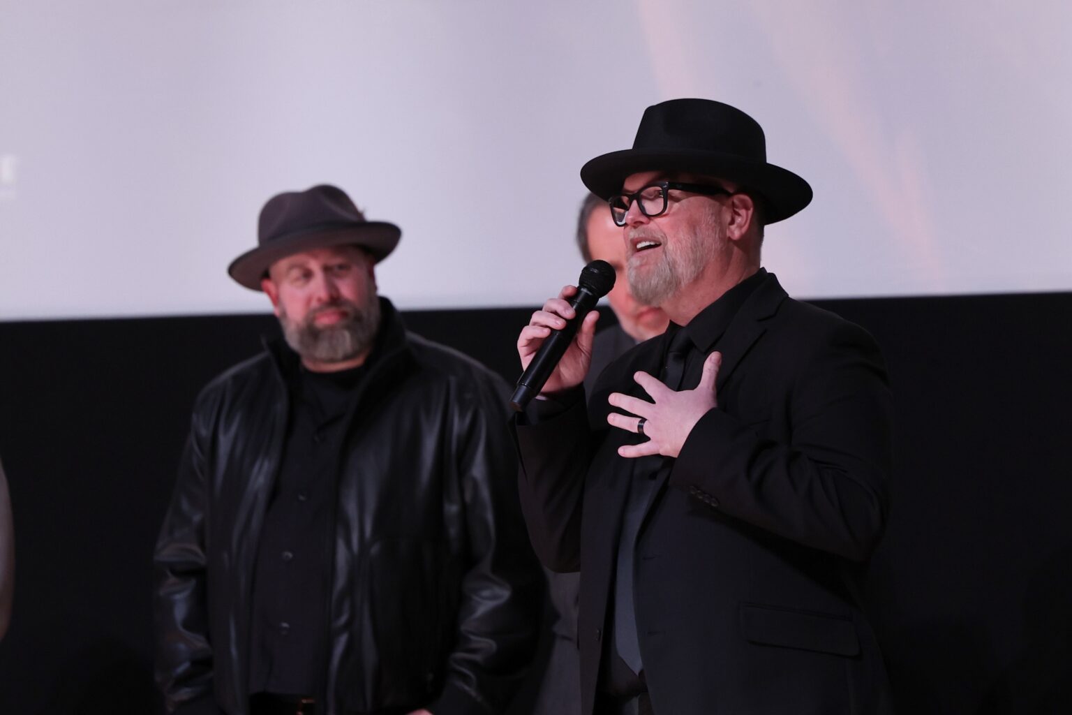 NASHVILLE, TENNESSEE - FEBRUARY 12: (L-R) Andrew Erwin and Bart Millard speak onstage during the 'I Can Only Imagine 2" Nashville Premiere at Belmont University on February 12, 2026 in Nashville, Tennessee. (Photo by Terry Wyatt/Getty Images for Lionsgate)