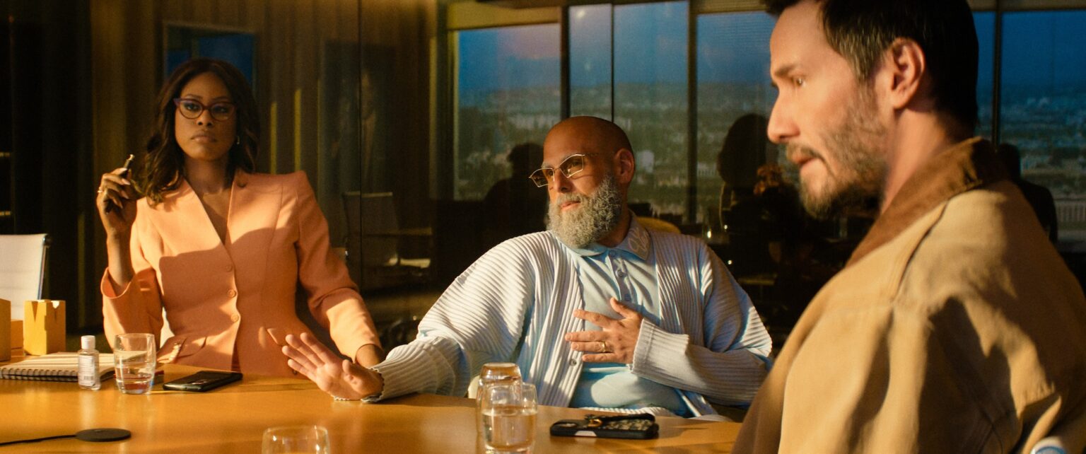 Laverne Cox, Jonah Hill and Keanu Reeves in "Outcome," premiering April 10, 2026 on Apple TV.