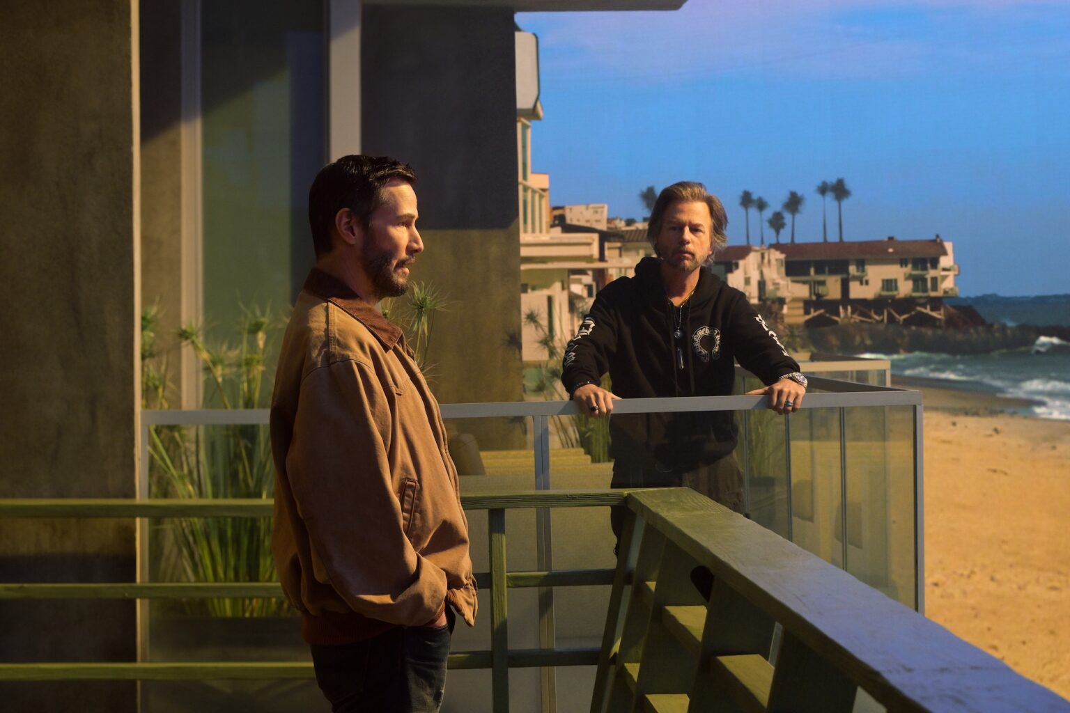 Keanu Reeves and David Spade in "Outcome," premiering April 10, 2026 on Apple TV.