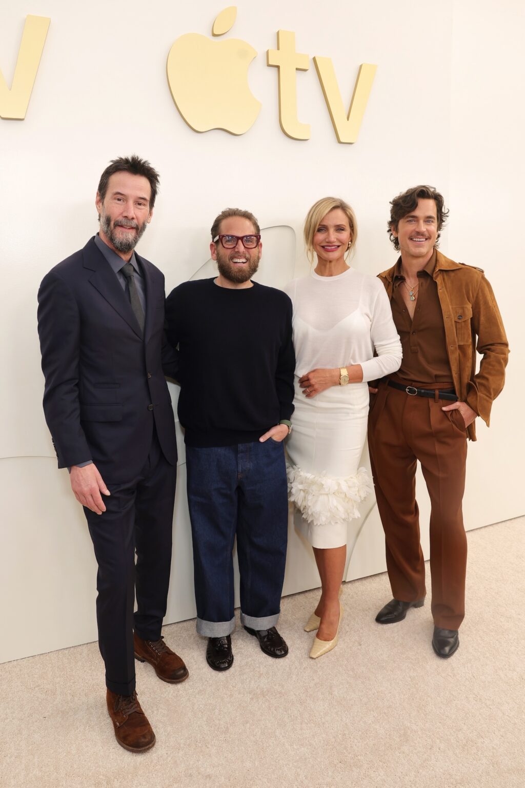 SANTA MONICA, CALIFORNIA - FEBRUARY 03: (L-R) Keanu Reeves, co-writer/director/producer Jonah Hill, Cameron Diaz and Matt Bomer, from Apple's film “ Outcome,” at the Apple TV Press Day at the Barker Hangar on February 03, 2026 in Santa Monica, California. The star-studded event highlighted a stellar lineup of original series and films coming to Apple TV in 2026. (Photo by Stewart Cook/Apple TV via Getty Images)