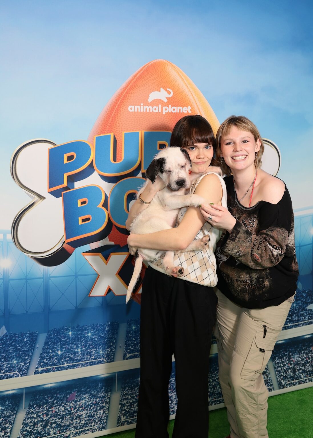 NEW YORK, NEW YORK - FEBRUARY 03: Oona Laurence (L) attends Puppy Bowl XXII Press Event on February 03, 2026 in New York City. (Photo by Dimitrios Kambouris/Getty Images for Warner Bros. Discovery)